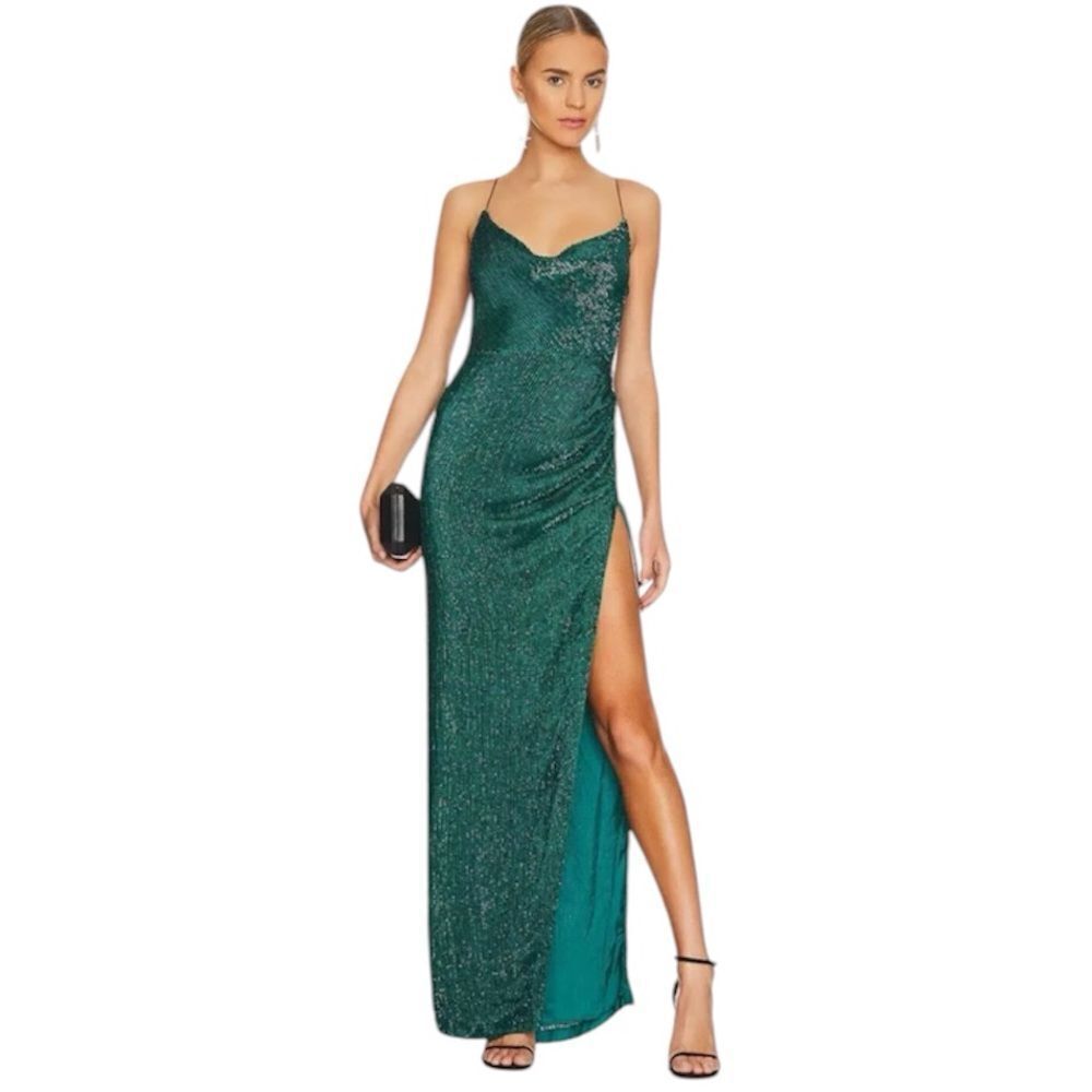 NWT Retrofete Katya Side Slit Evening Gown Large Revolve Green Sequins